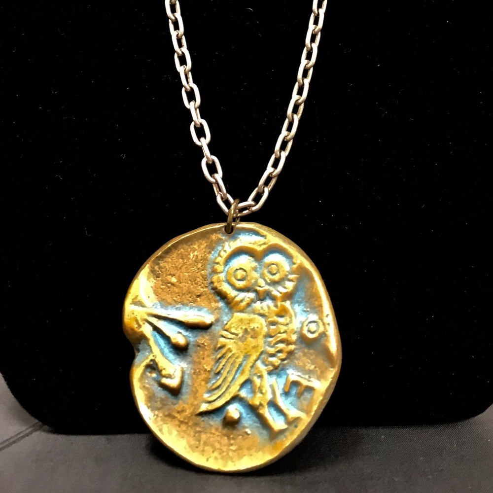 Brass Two-Sided Pendant on Silver Chain Necklace